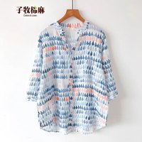 子牧棉麻2024夏装 女清系水彩感印花韩范上衣显瘦V领七分袖衬衫5027 水滴 XXL(140-150斤)