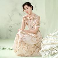 香影 X.YING【2024时尚夏新装】新中式碎花连衣裙高腰盘扣v领泡泡袖国风裙子