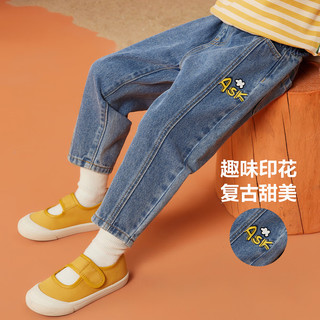 ASK JUNIOR女童裤子秋季小童字母印花水洗牛仔裤直筒长裤 蓝色 1