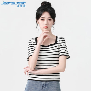 真维斯（JEANSWEST）针织衫女士夏季条纹方领针织衫女气质显瘦设计感上衣短袖黑色均码 ED-32-273024黑色