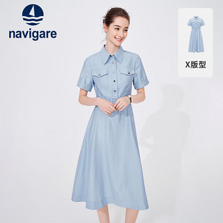 Navigare意大利小帆船女士短袖衬衫裙中长款连衣裙2322874504 蓝 XL 