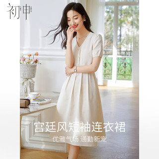 初申夏季短袖连衣裙女时尚设计感V领收腰显瘦法式裙子S141Q1214 L
