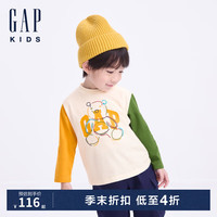 Gap男幼童2024初秋小熊印花长袖T恤儿童装撞色纯棉上衣646219 象牙白 110cm(4-5岁) 亚洲尺码