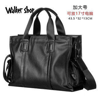 Walker Shop商务公文包男【优质牛皮】牛皮包斜挎包手提包大容量出差电脑包 黑色加大号【有侧袋】 大包 16英寸