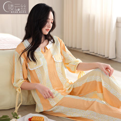 镂云丝 睡衣夏季女纯棉中袖长裤条纹泡泡棉皱形款可外穿客居服套装条纹XXL