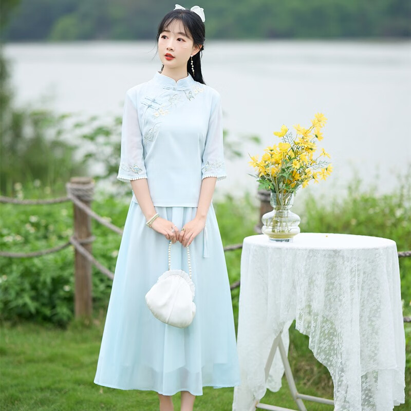 妖妮旗袍汉服女成人年轻日常2024新中式国风棉麻刺绣雪纺裙两件套6356 蓝色套装 M（体重80-95斤)