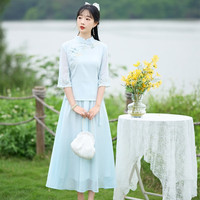 妖妮旗袍汉服女成人年轻日常2024新中式国风棉麻刺绣雪纺裙两件套6356 蓝色套装 M（体重80-95斤)