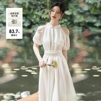 新中式国风露肩泡泡袖天丝连衣裙女2024夏季水滴盘扣连衣裙
