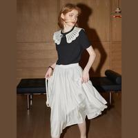 镂空翻领短袖T恤女2024年夏季显瘦上衣