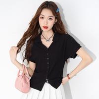 复古短袖T恤女夏季设计感单排扣polo衫修身显瘦小众短款上衣