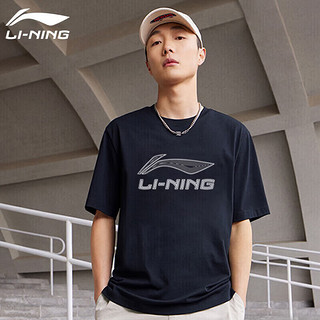 李宁（LI-NING）短袖男夏款潮流印花上衣休闲运动圆领半袖透气t恤 黑色 M/170