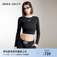 MISS SIXTY2024秋季新款长袖T恤女圆领撞色印花简约基础露脐短款