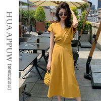画朴洋气优雅小飞袖连衣裙女2024夏季V领收腰小香肌理感长裙
