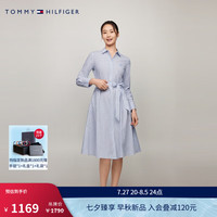 TOMMY HILFIGER24新款早秋女装纯棉白领通勤竖条纹系带衬衫裙连衣裙43351 蓝白条纹03H