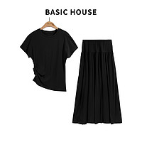 百家好（Basic House）Basic House/百家好显瘦气质气质高腰百褶夏季不规则套装裙 黑色 M