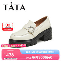 他她（TATA）粗跟浅口乐福鞋女鞋英伦单鞋小皮鞋2024秋季新款7C120CA4