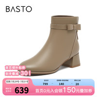 百思图2024冬季新款商场同款简约通勤时装靴粗跟女短靴BU257DD4