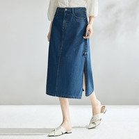 茵曼（INMAN）纯棉国风盘扣复古牛仔裙2024夏季高腰包臀小心机开叉A字裙子 牛仔蓝