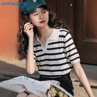 真维斯(JEANSWEST)t恤女条纹针织衫女2024夏季polo领宽松显瘦T恤上衣