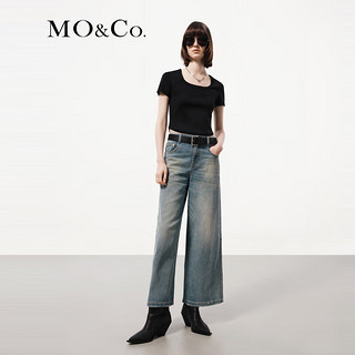 MO&Co.2024夏简约U领正肩弧形短款短袖轻薄棉质T恤MBD2TEE006 黑色 M/165