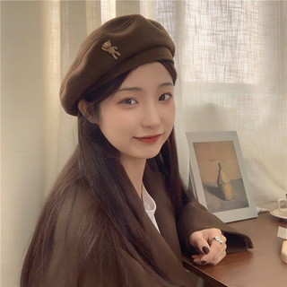 槿城 卡通棕色毛呢贝雷帽女时尚百搭秋冬时髦气质画家帽潮LK788 黑色 M（56-58cm）