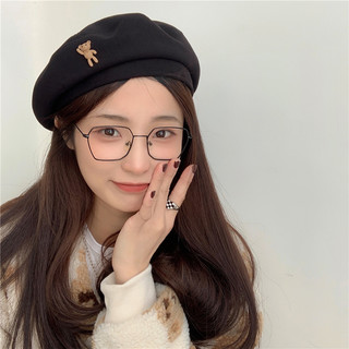 槿城 卡通棕色毛呢贝雷帽女时尚百搭秋冬时髦气质画家帽潮LK788 黑色 M（56-58cm）