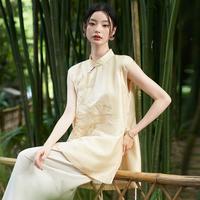 新中式国风刺绣马甲天丝衬衫女2024夏季高级感小立领盘扣衬衣