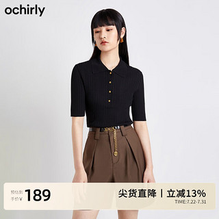 欧时力（ochirly）春装金属排扣罗纹修身Polo衫短袖针织衫女 黑色090 L