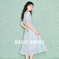 百家好（Basic House）Basic House/百家好纯色拼接夏日设计感优雅气质圆领短袖连衣长裙 蓝色