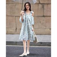 德玛纳 dme【无碎花不夏天】法式圆领露肩抽褶印花A摆花苞袖水滴扣连衣裙
