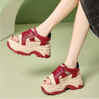 WESTRAVAL凉鞋女2024夏季女鞋内增高7.5CM罗马鞋子女露趾镂空休闲鞋女 红色 35 【标准尺码】