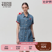 Teenie Weenie小熊&芝麻街联名女装2024夏季新款短袖牛仔连衣裙 中蓝色 1