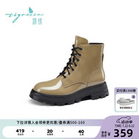 蹀愫(tigrisso)冬新款简约牛皮厚底绑带轻柔酷马丁短靴TA21775-50