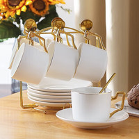 友来福 咖啡杯套装纯白陶瓷杯子磨砂欧式下午茶茶具6杯6碟6勺 纯白6杯碟套装