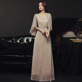 诺丽缇（NUOLITI）高端晚礼服宴会时尚气质高贵金色轻奢高级感小众演出主持人女 香槟色长款 S