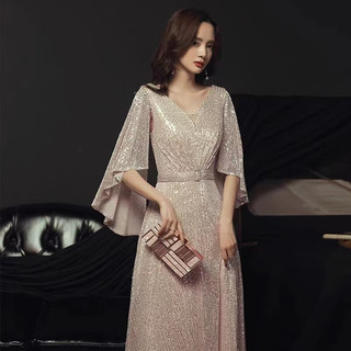 诺丽缇（NUOLITI）高端晚礼服宴会时尚气质高贵金色轻奢高级感小众演出主持人女 香槟色长款 S