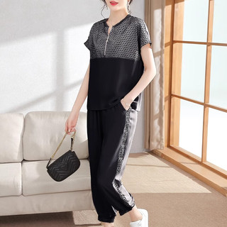 雪夕（XUEXI）装2024夏装休闲运动套装短袖时尚妇女中老年女装衣服 黑色套装 3XL（120-135斤)