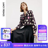朗姿2024年秋季新款复古波点印花飘带v领衬衫气质设计感小众上衣 葡萄紫红色