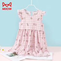 猫人童装女童连衣裙夏季泡泡纱女童飞袖公主裙  粉色草莓红 紫格小花 90