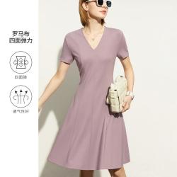 AMII 夏极简法式修身纯色立裁分割A字摆短袖裙子