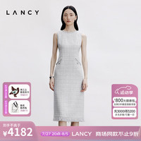 朗姿/LANCY2024秋新款修身针织高腰连衣裙圆领短袖收腰中长裙女 银灰色