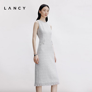 朗姿/LANCY2024秋新款修身针织高腰连衣裙圆领短袖收腰中长裙女 银灰色