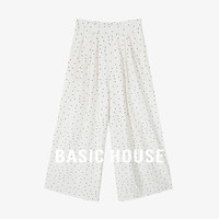 Basic House/百家好夏季黑色波点休闲裤女宽松薄款松紧腰阔腿长裤 黑斑点