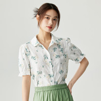 茵曼(INMAN)全棉法式印花短袖衬衣女2024夏季田园气质舒适衬衫上衣