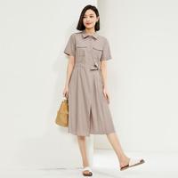 2024年春夏款纯棉府绸梭织腰带口袋衬衫连衣裙女款