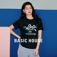 百家好（Basic House）蝴蝶结印花T恤女2024夏时尚白色正肩短袖上衣B0624A50362 黑色 XL
