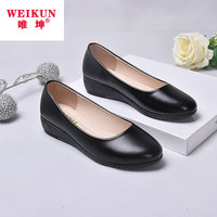 唯坤 久站工作鞋女黑色工装皮鞋女士妈妈上班工鞋职业软底舒适平底单鞋 黑色 1舒适版3CM 34