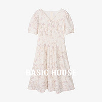 Basic House/百家好轻奢提花短袖连衣裙夏季小清新碎花中长款裙子 粉色 M