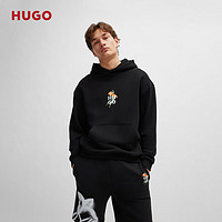 HUGO 男士24秋季花卉艺术图案棉质混纺宽松连帽卫衣 001-黑色 S