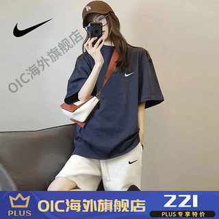 耐克（NIKE）品牌运动套装女2024夏季短袖t恤宽松纯棉显瘦休闲时尚短裤两件套 藏青+白裤 衣裤-3XL 185-210斤